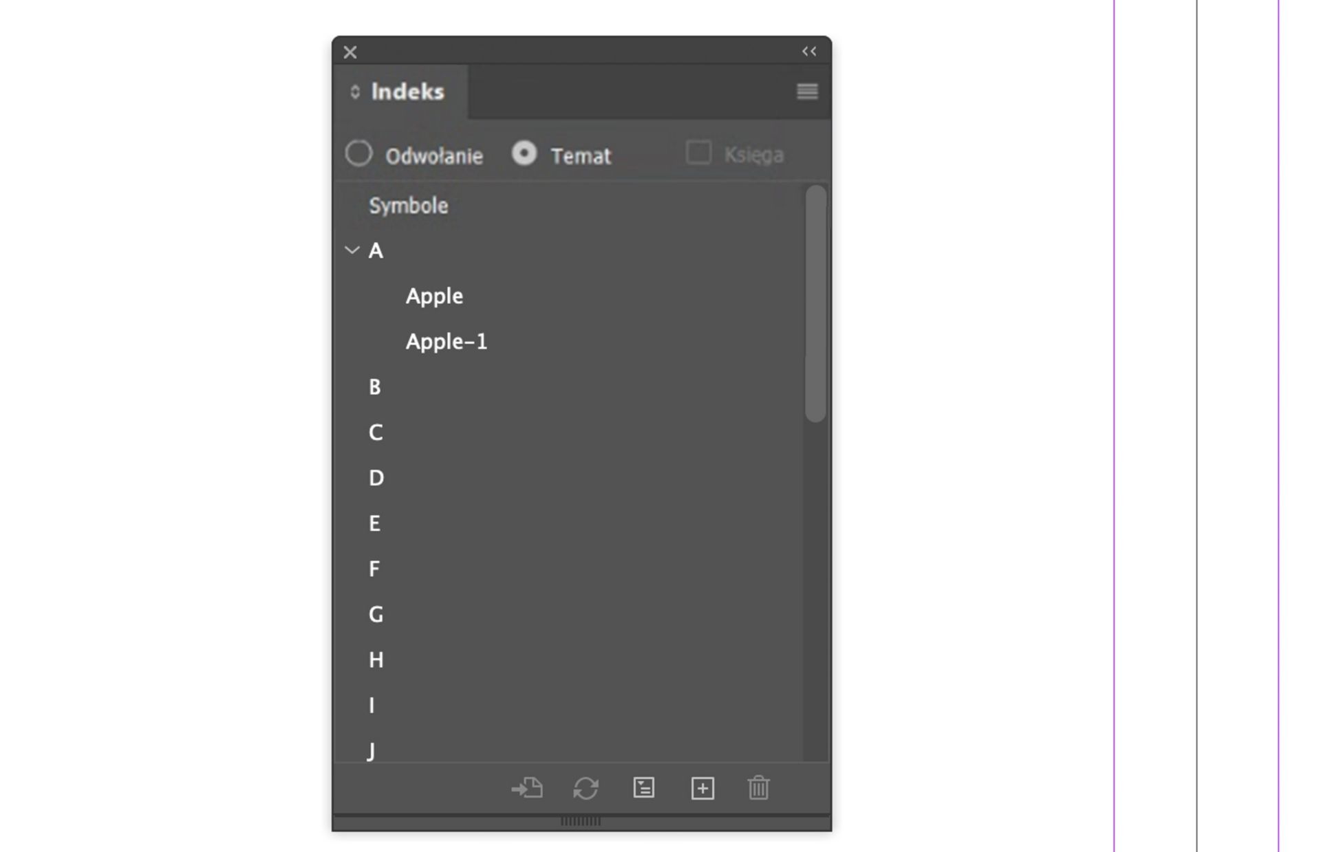 Okno dialogowe pokazujące tryb Temat na panelu Indeks
