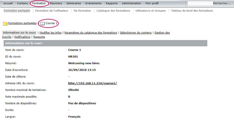 La page d’informations sur les cours contient des renseignements importants sur les différents cours.