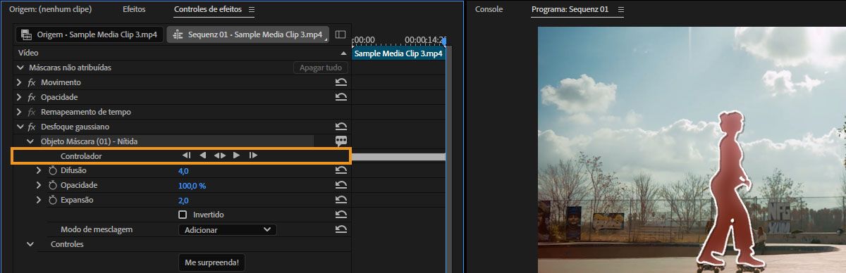 Controles de efeito mostrando os controles de rastreamento de máscara de objeto destacados, com o rastreamento de máscara destacado no Monitor do programa.