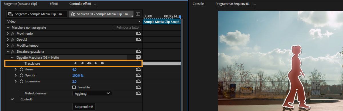 Effect Controls che mostra i controlli di tracciamento Object Mask evidenziati, con il tracciamento della maschera evidenziato nel programma Monitor.