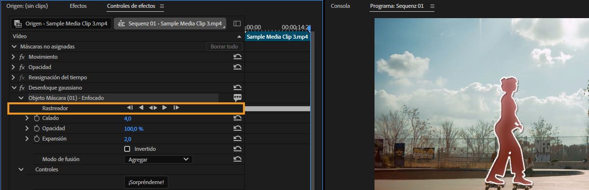 Effect Controls mostrando los controles de seguimiento de Object Mask resaltados, con el seguimiento de máscara resaltado en el Program Monitor.