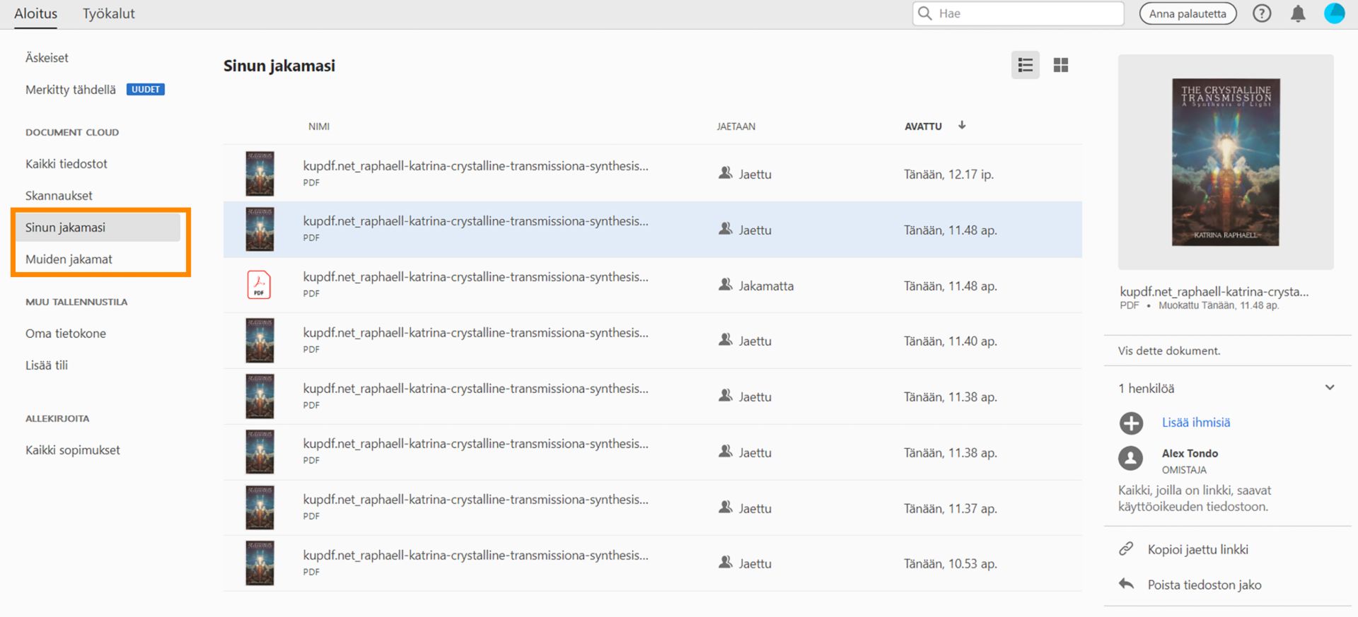 Jaetuille tiedostoille tehdyt toimet