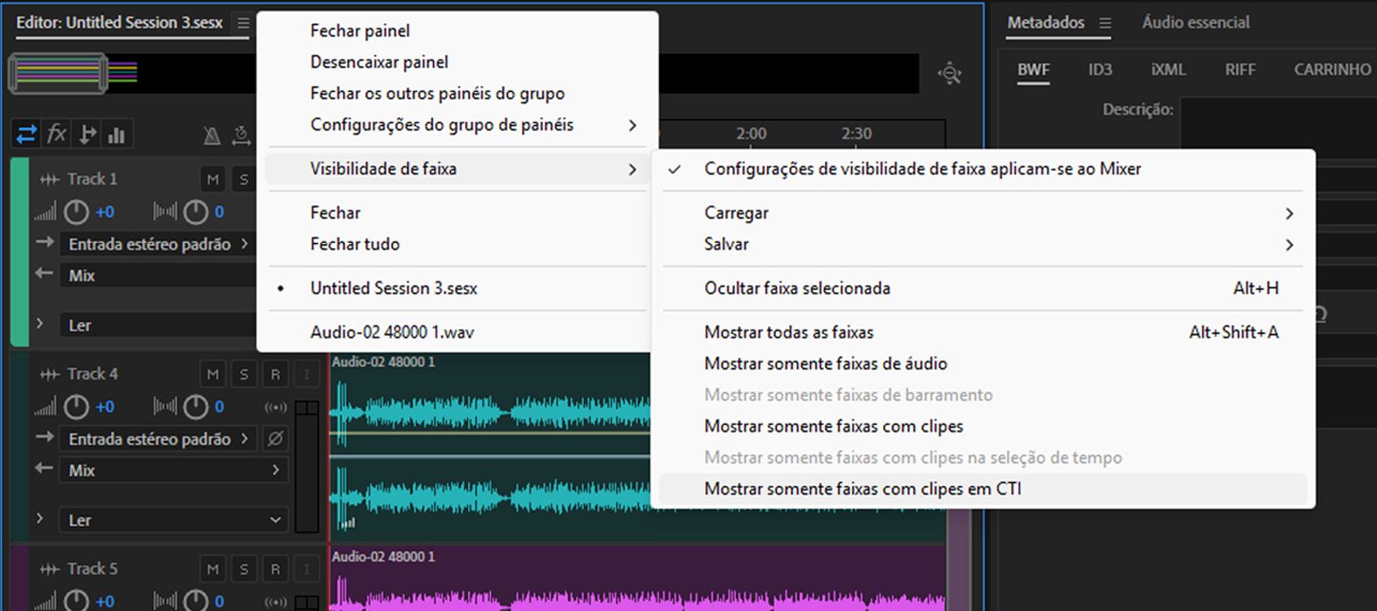 Opções de Visibilidade de faixa