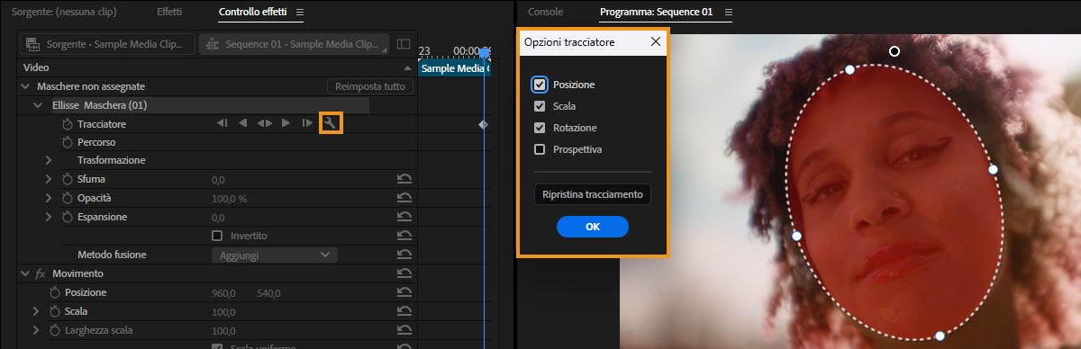 Il pannello options del tracker mostra posizione, scala, rotazione e Prospettiva, accanto a una maschera del viso in fase di tracciamento.