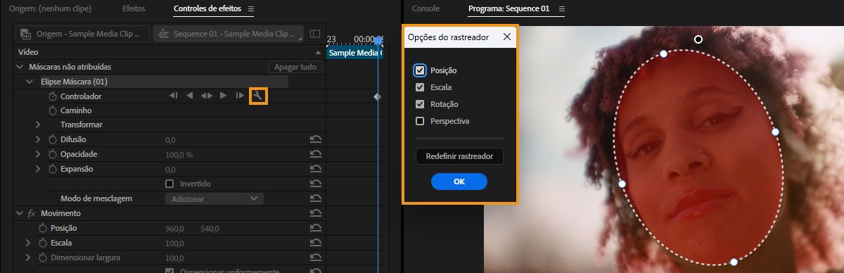 Painel de opções do rastreador, mostrando posição, escala, rotação e perspectiva, ao lado de uma máscara facial sendo rastreada.