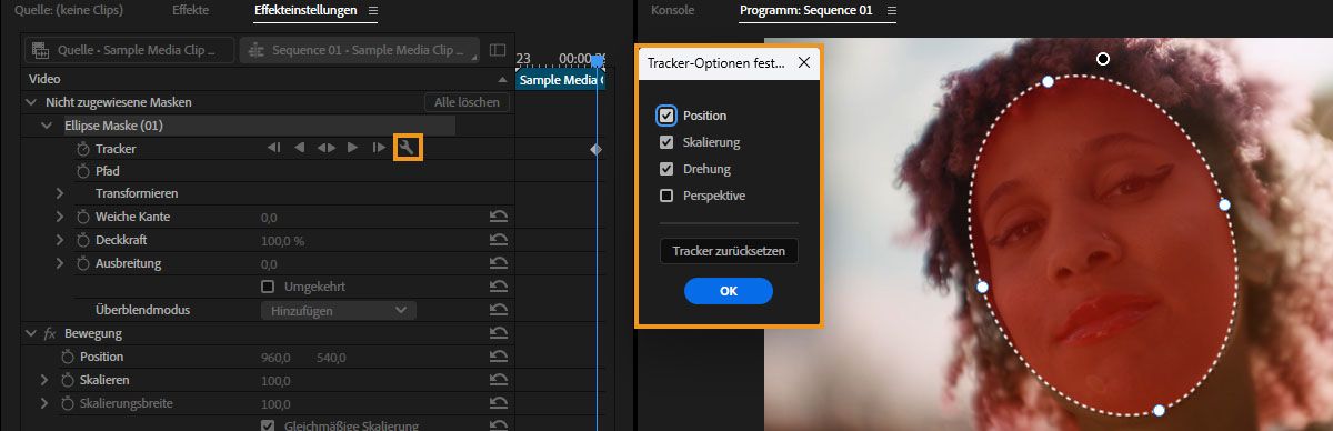 Options-Bedienfeld für Tracker mit Position, Skalierung, Rotation und Perspektive neben einer Flächen-Maske, die getrackt wird.