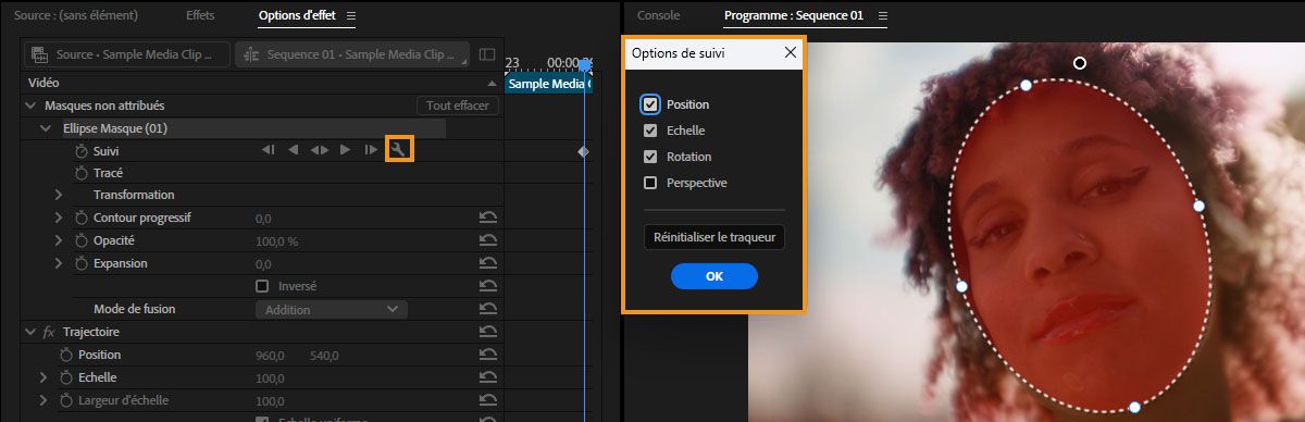 Panneau options de suivi affichant la position, l'échelle, la rotation et perspective, à côté d'un masque face en cours de suivi.