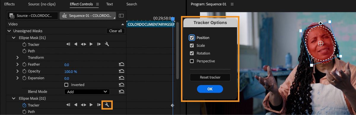 Tracker Options panel showing position, scale, rotation, and perspective, next to a face mask being tracked.