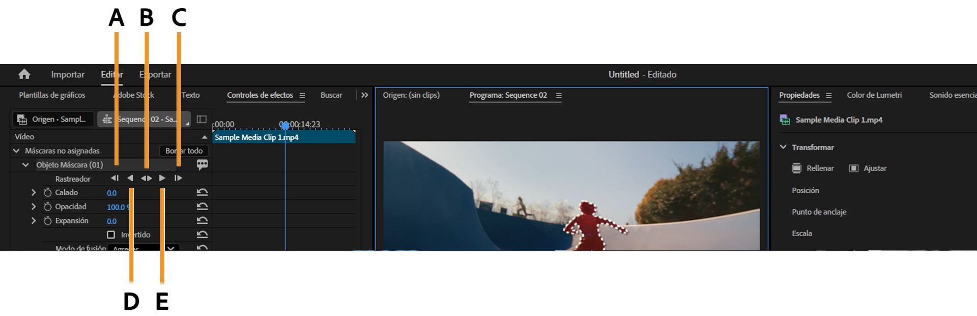 Panel Effect Controls en Premiere Pro mostrando botones de seguimiento de máscara etiquetados de la A a la E para mover una máscara a través de un clip.