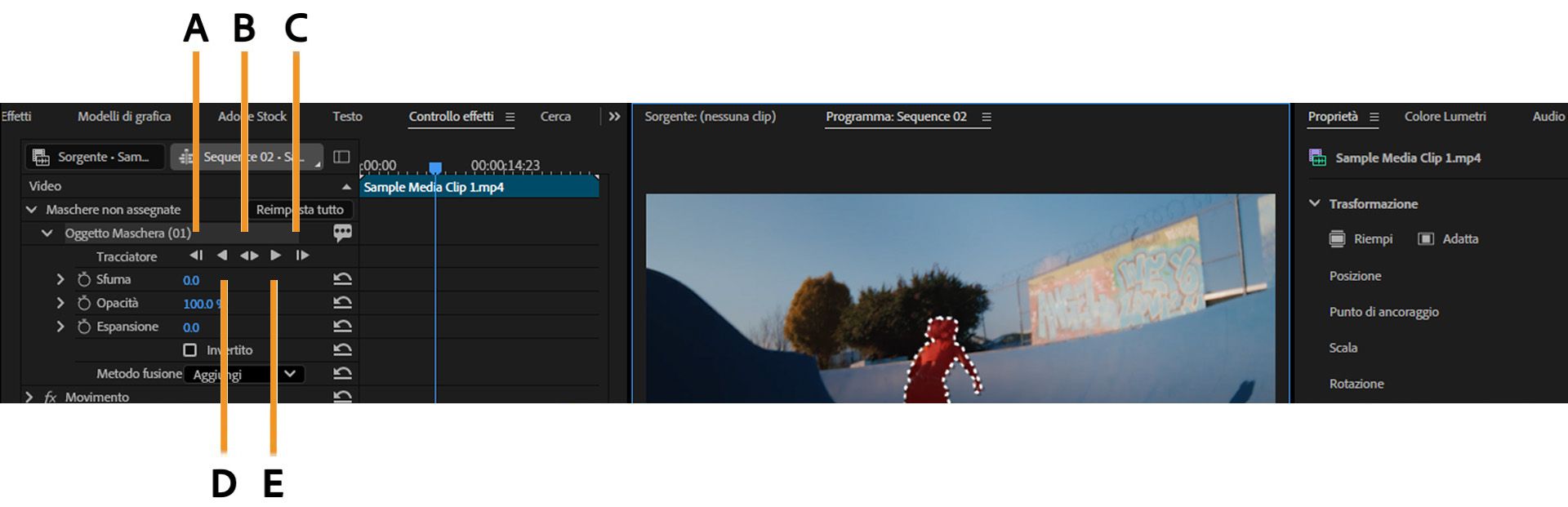 Pannello Controlli effetti in Premiere Pro che mostra i pulsanti di tracciamento della maschera etichettati da A a E per spostare una maschera attraverso una clip.