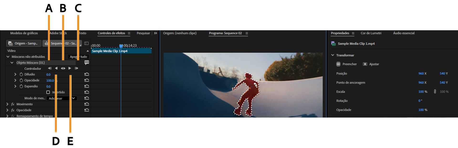 Painel “Controles do efeito” no Premiere Pro, mostrando botões de rastreamento de máscara rotulados de A a E para mover uma máscara por um clipe.