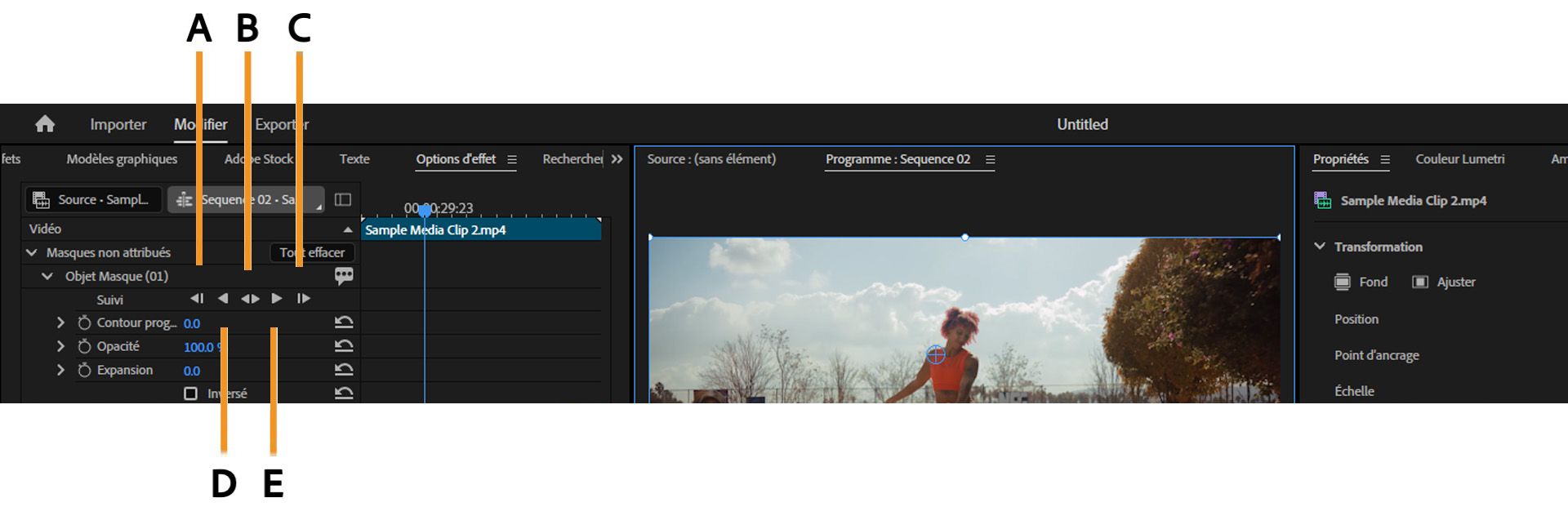 Panneau Options d’effet de Premiere Pro montrant les boutons de suivi de masque étiquetés de A à E permettant de déplacer un masque dans un clip.