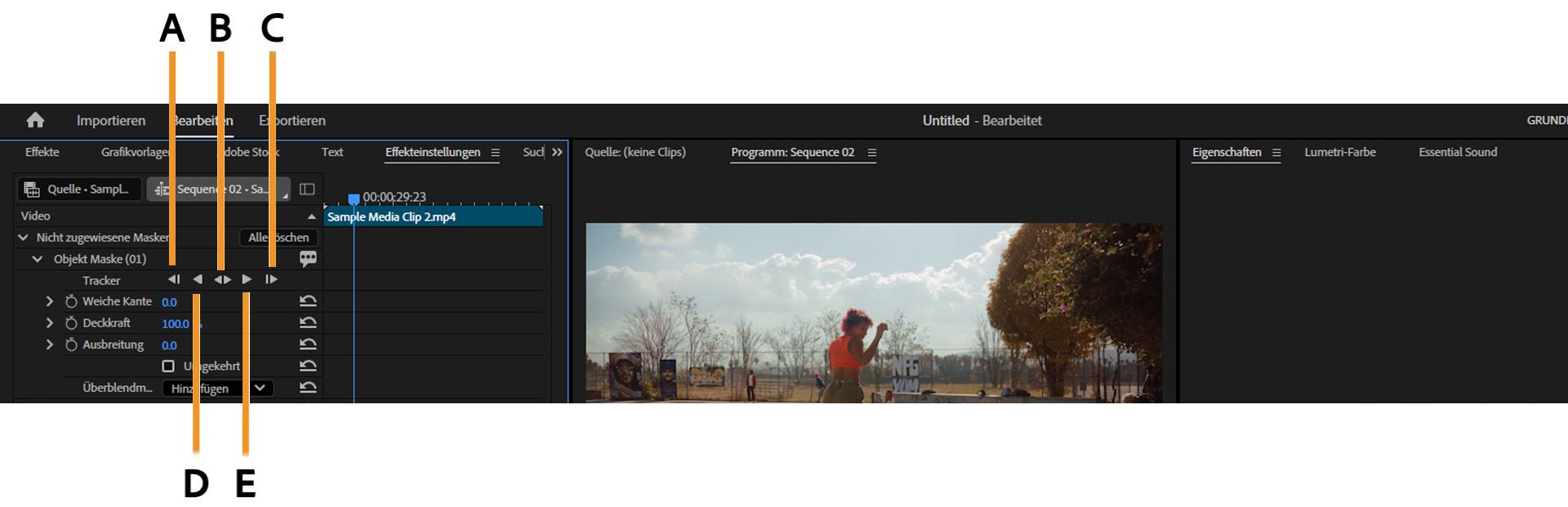 Bedienfeld „Effekteinstellungen“ in Premiere Pro mit Schaltflächen zum Masken-Tracking (A bis E) zum Bewegen einer Maske durch einen Clip.