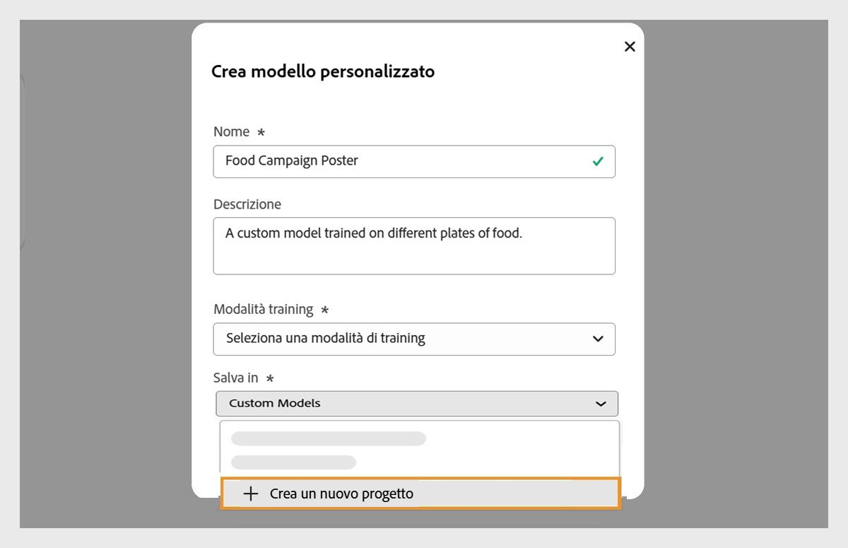 La finestra di dialogo Crea modello personalizzato è aperta ed è visualizzato il menu a discesa Salva in con l'opzione per creare un nuovo progetto.