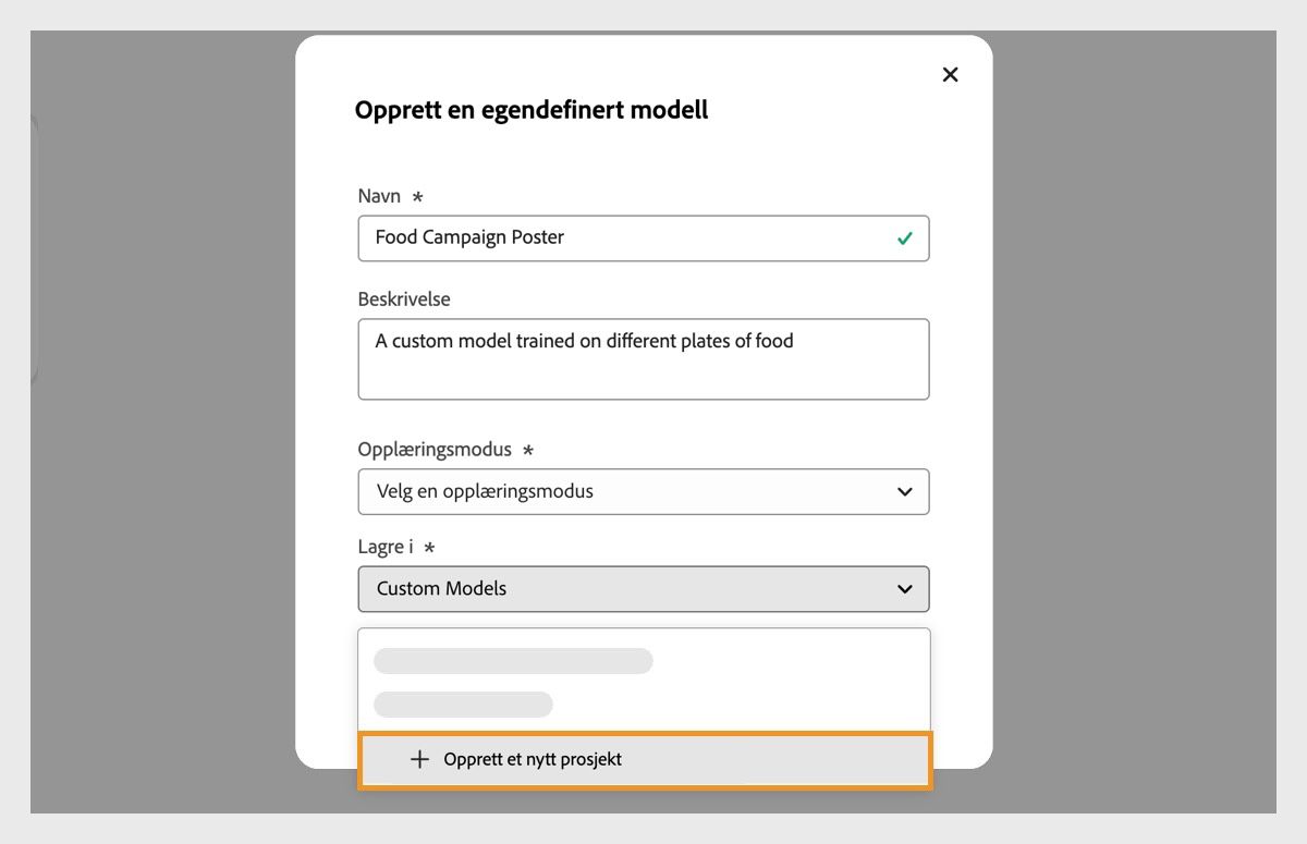 Dialogboksen «Opprett en egendefinert modell» er åpen, og rullegardinmenyen Lagre i er tilgjengelig med alternativet for å opprette et nytt prosjekt.