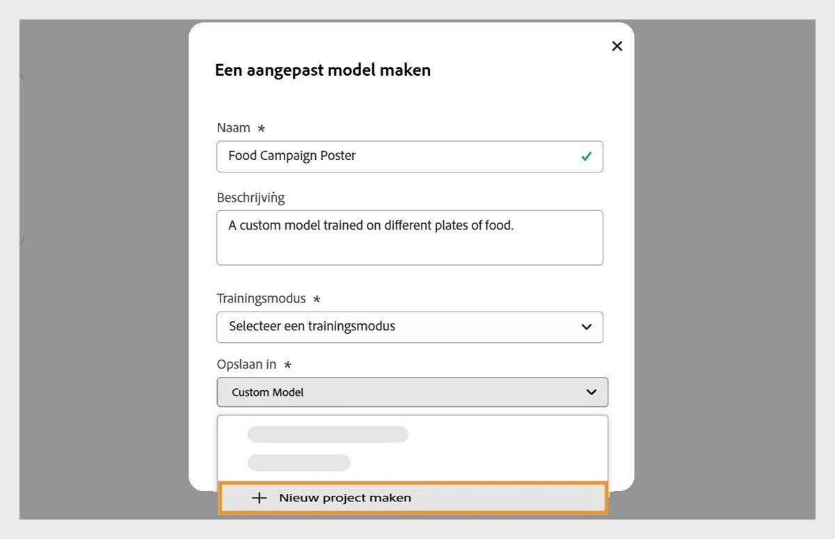 Het dialoogvenster Een aangepast model maken is geopend en het vervolgkeuzemenu Opslaan in is beschikbaar met de optie om een nieuw project te maken.