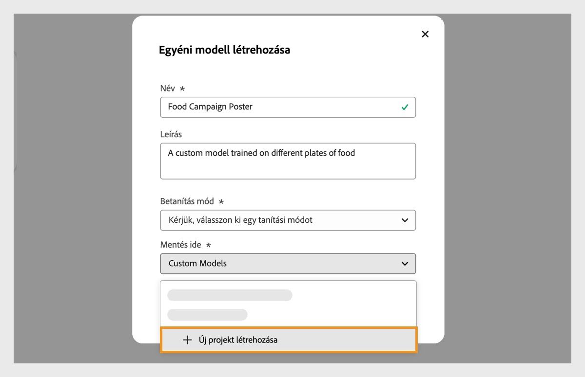 Az Egyéni modell létrehozása párbeszédpanel meg van nyitva, és a Mentés ide legördülő menü elérhető az új projektet létrehozása lehetőséggel.