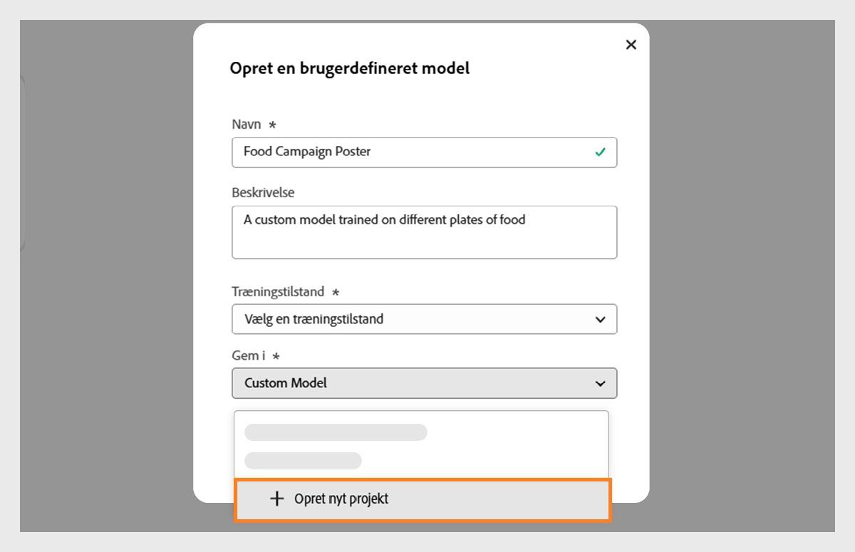 Dialogboksen Opret en brugerdefineret model er åben, og rullemenuen Gem i er tilgængelig med mulighed for at oprette et nyt projekt.