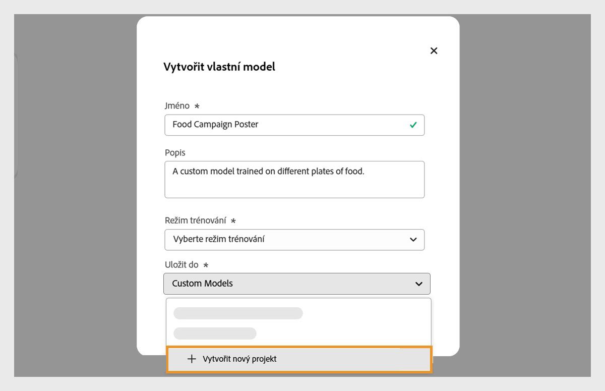Je otevřeno dialogové okno Vytvořit vlastní model a je dostupná rozbalovací nabídka Uložit do s možností vytvořit nový projekt.
