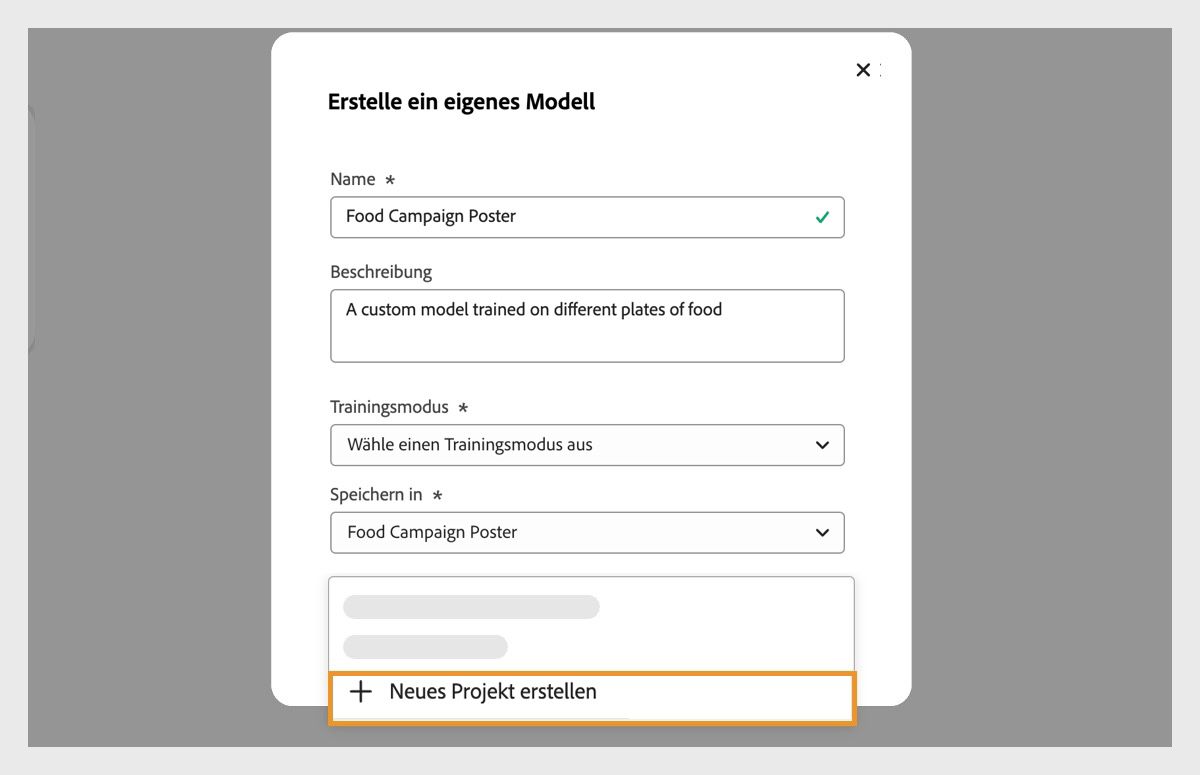 Das Dialogfeld „Selbstdefiniertes Modell erstellen“ ist geöffnet. Das Dropdown-Menü „Speichern unter“ mit der Option zum Erstellen eines neuen Projekts ist verfügbar.