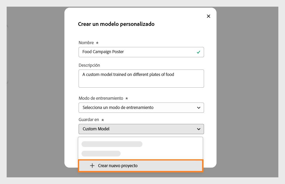 El cuadro de diálogo Crear un modelo personalizado está abierto y el menú desplegable Guardar en está disponible con la opción para crear un nuevo proyecto.