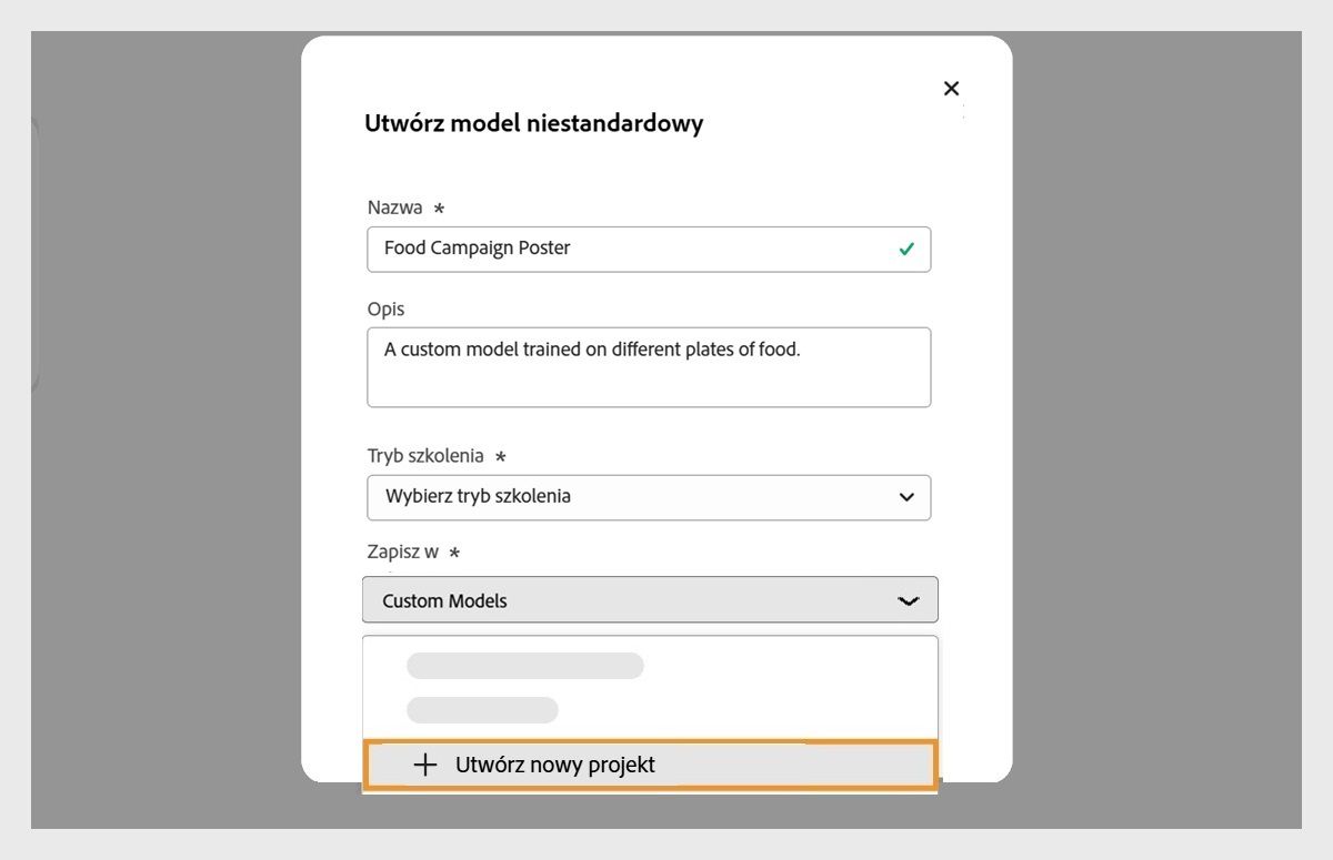 Zostanie otwarte okno dialogowe Utwórz model niestandardowy, a menu rozwijane „Zapisz w” będzie dostępne z opcją utworzenia nowego projektu.