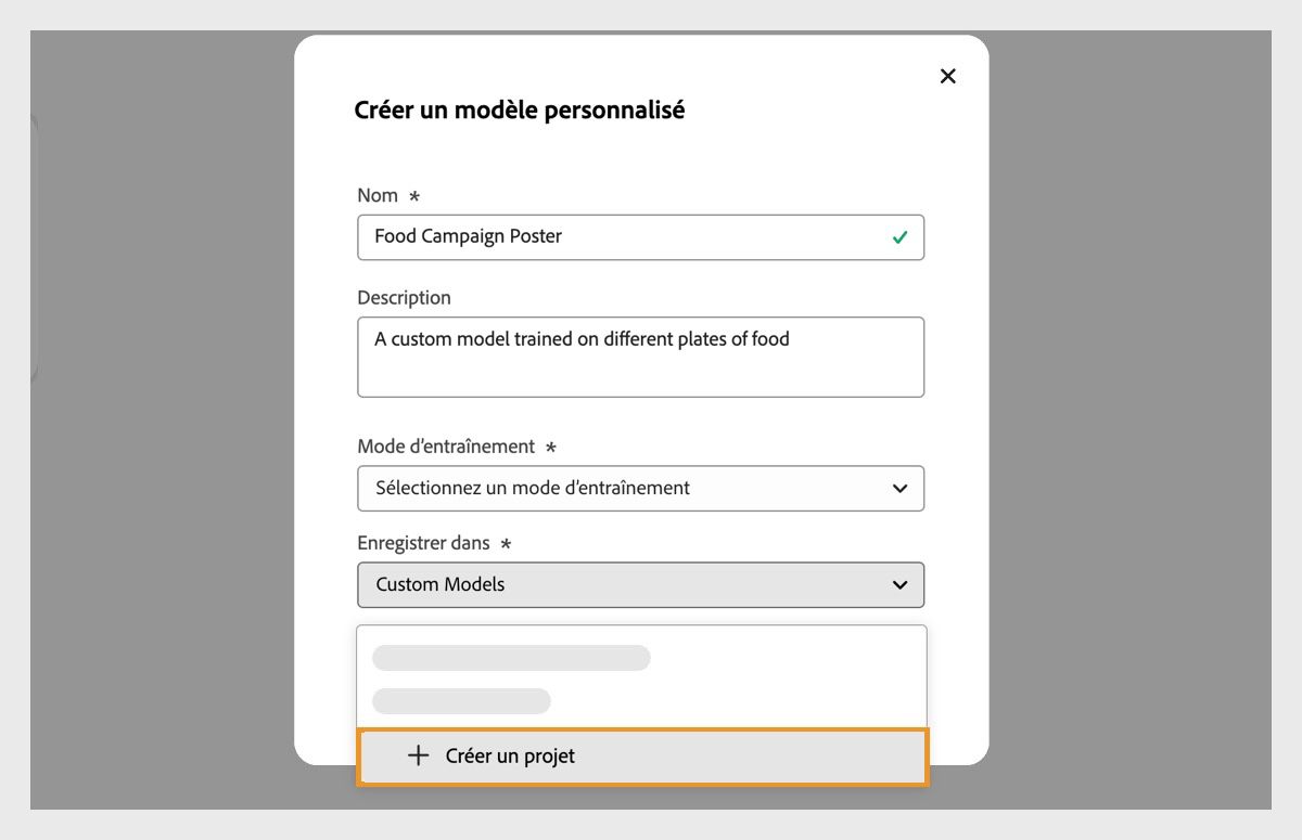 La boîte de dialogue Créer un modèle personnalisé est ouverte, avec le menu déroulant Enregistrer dans et l’option permettant de créer un projet.