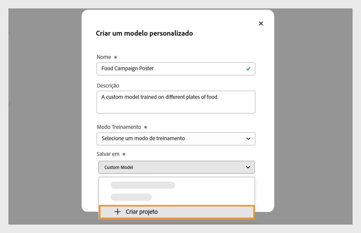 A caixa de diálogo Criar um modelo personalizado será aberta, e o menu suspenso Salvar em estará disponível com a opção de criar um novo projeto.