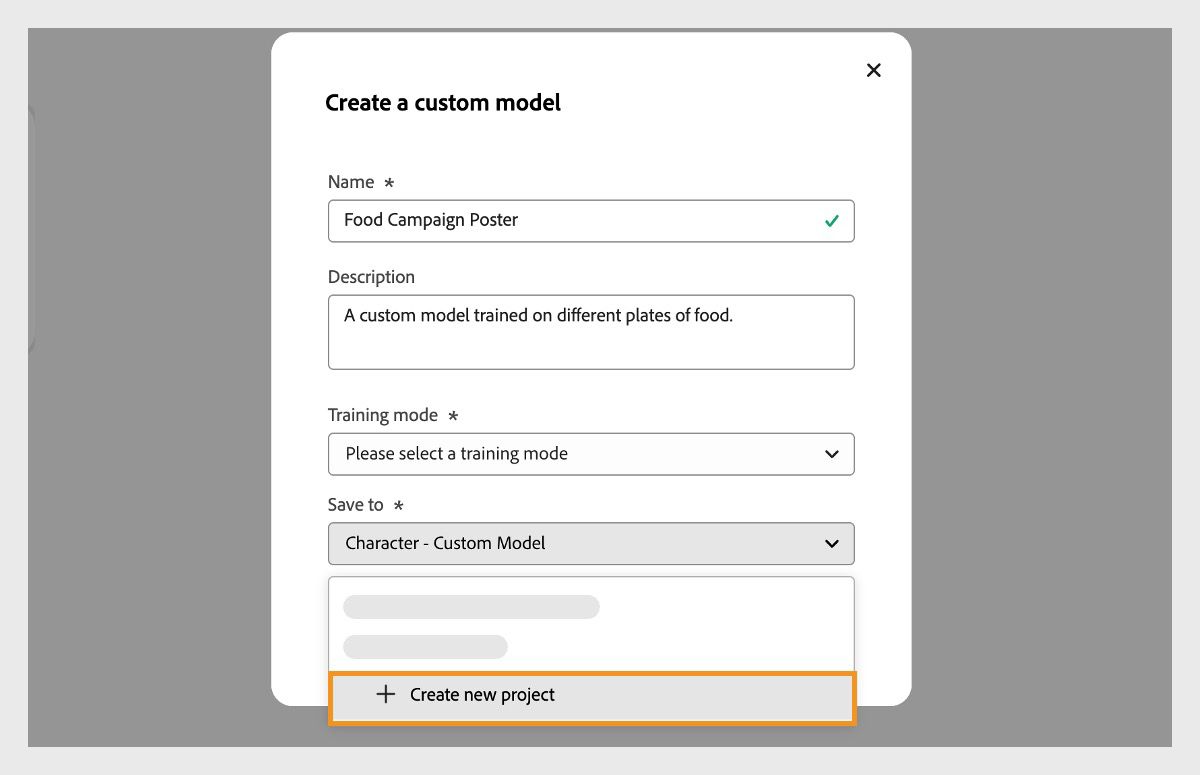 The Create a custom model dialog box is open, and the Save to dropdown menu is available with the option to create a new project.