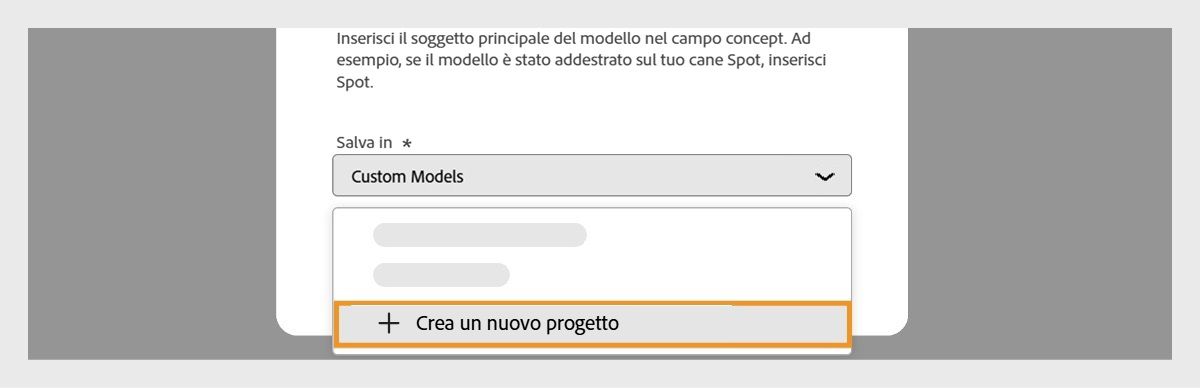 La finestra di dialogo Crea modello personalizzato è aperta ed è visualizzato il menu a discesa Salva in con l'opzione per creare un nuovo progetto.