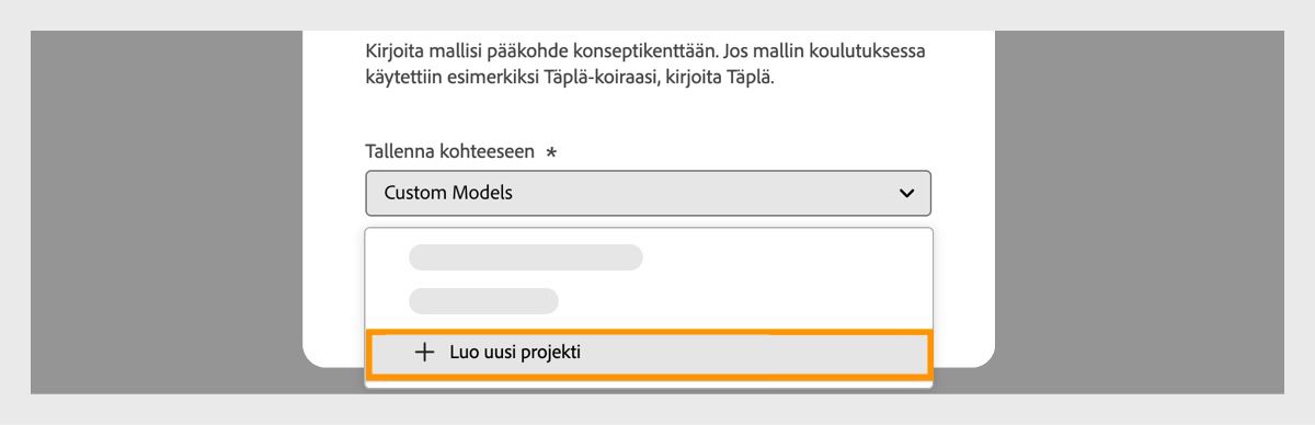 Luo mukautettu malli -valintaikkuna on auki, ja avattavasta Tallenna kohteeseen -valikosta on auki uuden projektin luontiasetus.