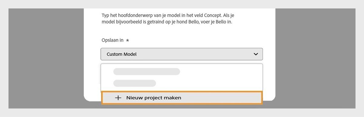 Het dialoogvenster Een aangepast model maken is geopend en het vervolgkeuzemenu Opslaan in is beschikbaar met de optie om een nieuw project te maken.