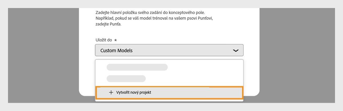 Je otevřeno dialogové okno Vytvořit vlastní model a je dostupná rozbalovací nabídka Uložit do s možností vytvořit nový projekt.