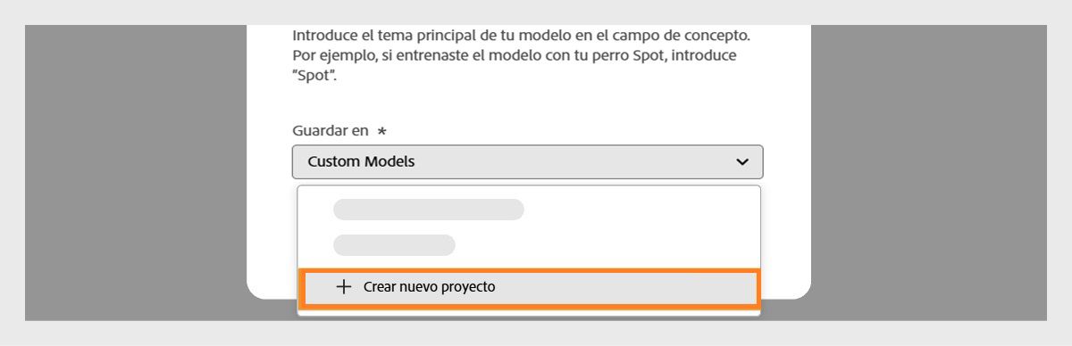 El cuadro de diálogo Crear un modelo personalizado está abierto y el menú desplegable Guardar en está disponible con la opción para crear un nuevo proyecto.