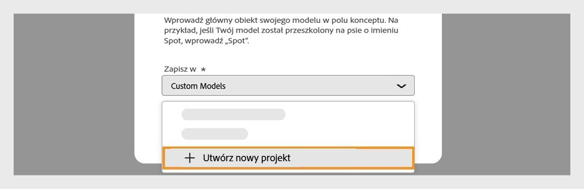 Zostanie otwarte okno dialogowe Utwórz model niestandardowy, a menu rozwijane „Zapisz w” będzie dostępne z opcją utworzenia nowego projektu.