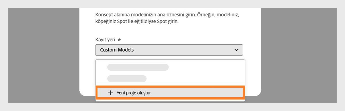 &quot;Özel bir model oluştur&quot; iletişim kutusu açılır ve yeni bir proje oluşturma seçeneğiyle birlikte Kaydet açılır menüsü kullanılabilir.