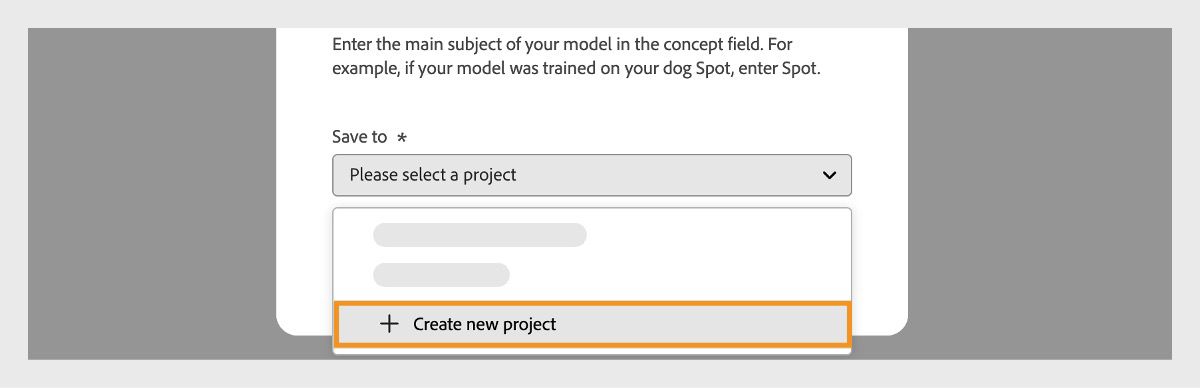 The Create a custom model dialog box is open, and the Save to dropdown menu is available with the option to create a new project.