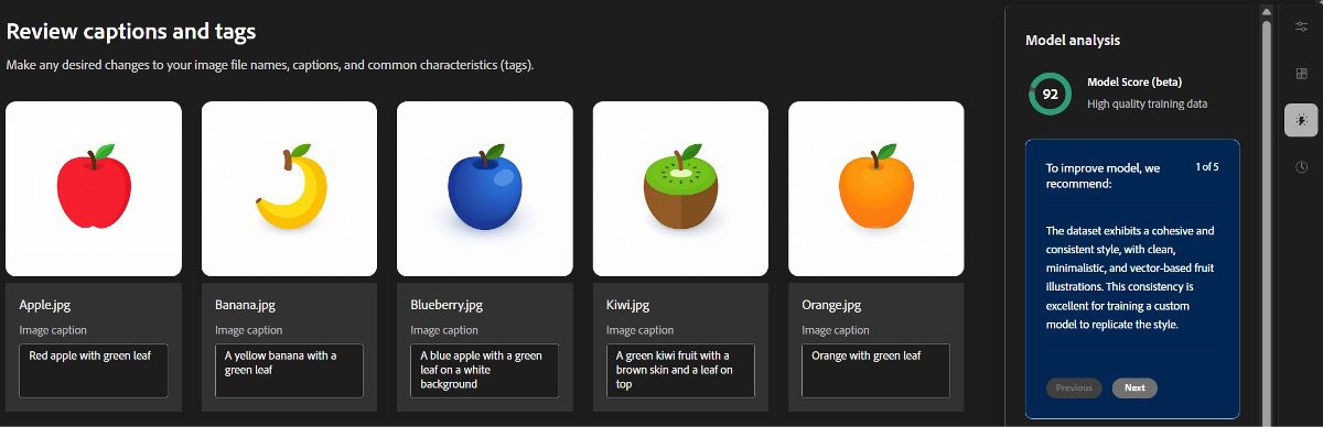 Auf der Seite „Beschriftungen und Tags überprüfen“ werden Bilder und ihre Beschriftungen angezeigt, und oben rechts befindet sich eine Modellanalyse mit der Modellbewertung.