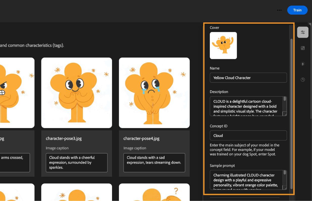 アップロードした画像のうち 1 つが選択され、その画像のキャラクターの詳細を確認できる状態になっています。