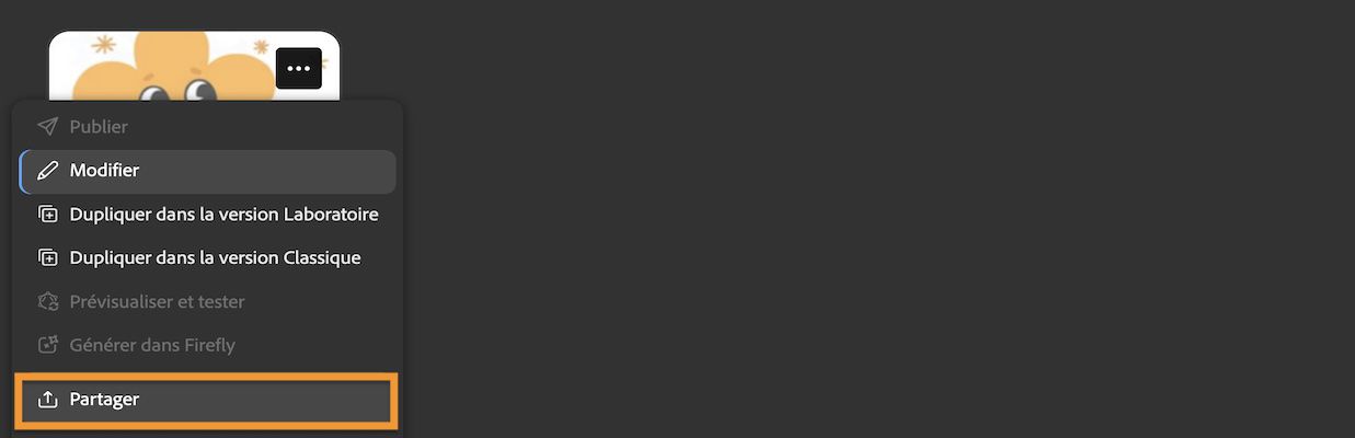 Accédez aux différentes actions pour le modèle en sélectionnant « Partager » dans le menu « Plus ».
