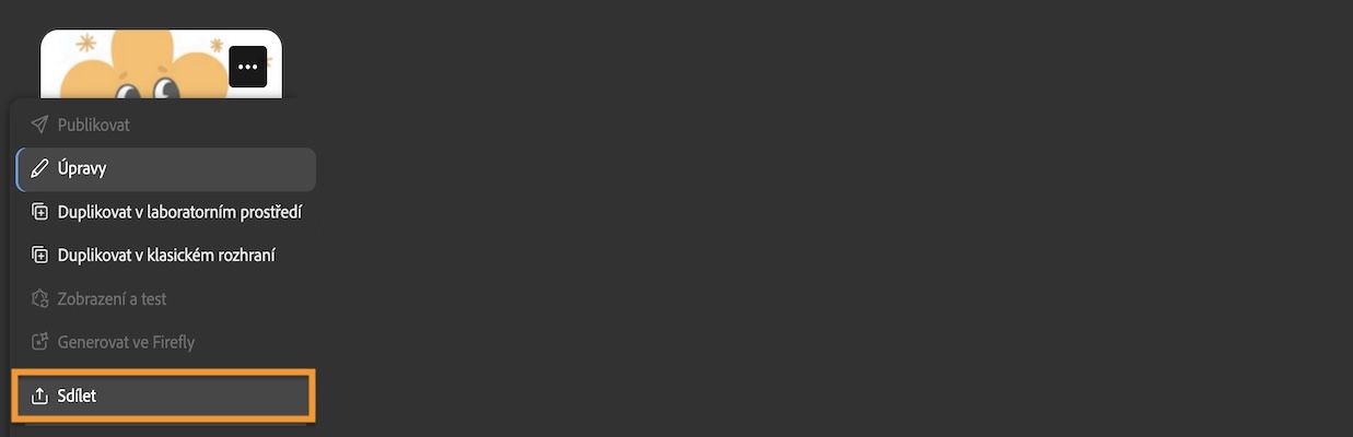 K různým akcím pro model se dostanete výběrem možnosti „Sdílet“ z nabídky „Více“.