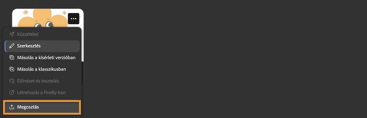 A modellhez tartozó különböző műveleteket a &quot;Továbbiak&quot; menü &quot;Megosztás&quot; opciójának kiválasztásával érheti el.