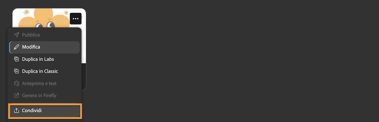 Accedi a diverse azioni per il modello selezionando 'Condividi' dal menu 'Altro'.