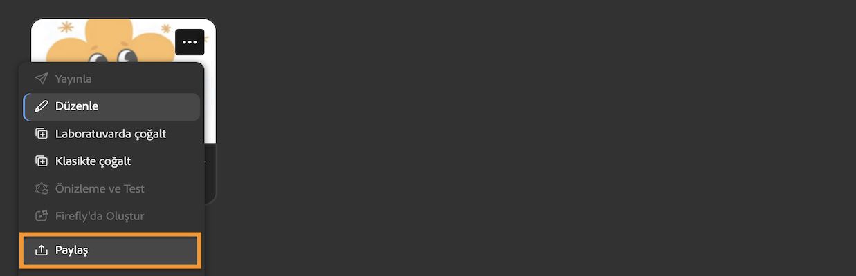 'Daha Fazla' menüsünden 'Paylaş'ı seçerek model için farklı eylemlere erişin.