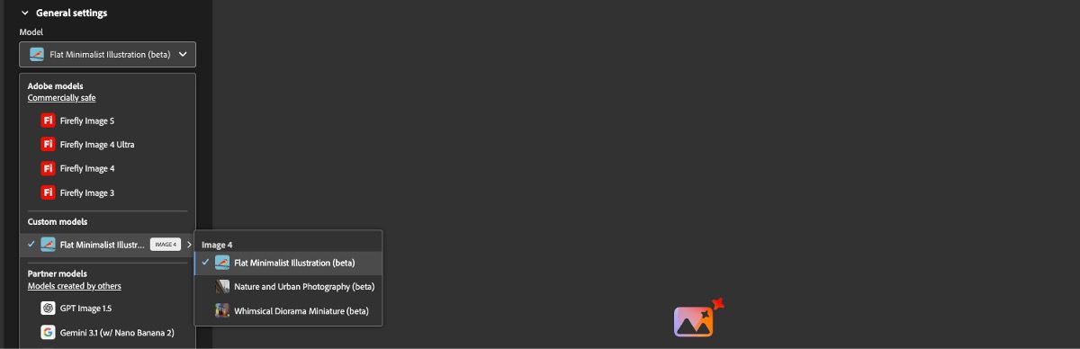 Model drop-down menu open to Custom models section showing created and shared custom models.