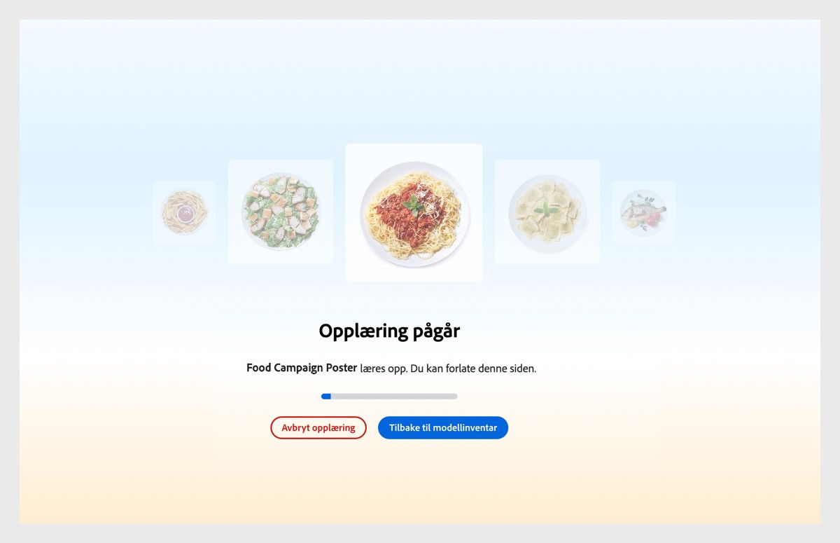 Grensesnittet viser «Opplæring pågår». Under dette står meldingen «Plakat for matkampanje er under opplæring. Du kan forlate denne siden».