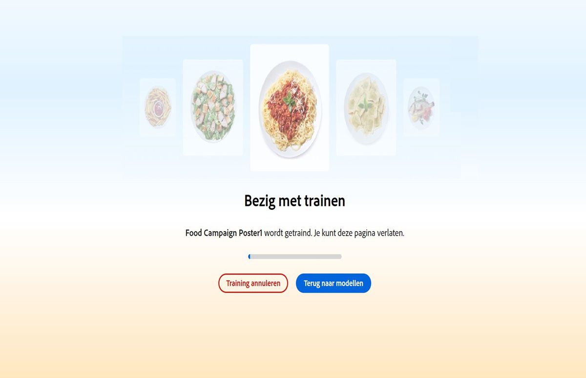 In de gebruikersinterface staat &quot;Bezig met trainen&quot;. Daaronder staat een bericht met de tekst &quot;Bezig met trainen van Food Campaign Poster, je kunt deze pagina verlaten.&quot;