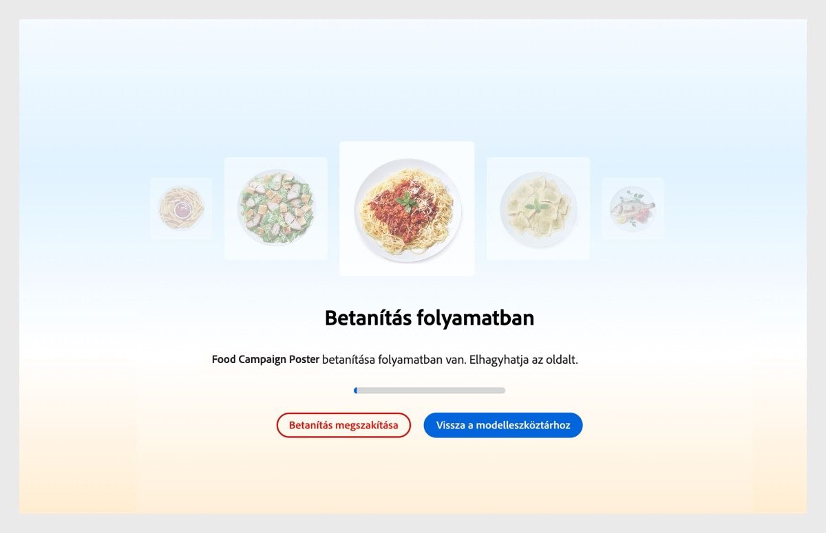 A felhasználói felületen a „Betanítás folyamatban” felirat látható. Alatta egy üzenet olvasható: „Az Élelmiszerkampány plakát betanítás alatt, elhagyhatja ezt az oldalt.”