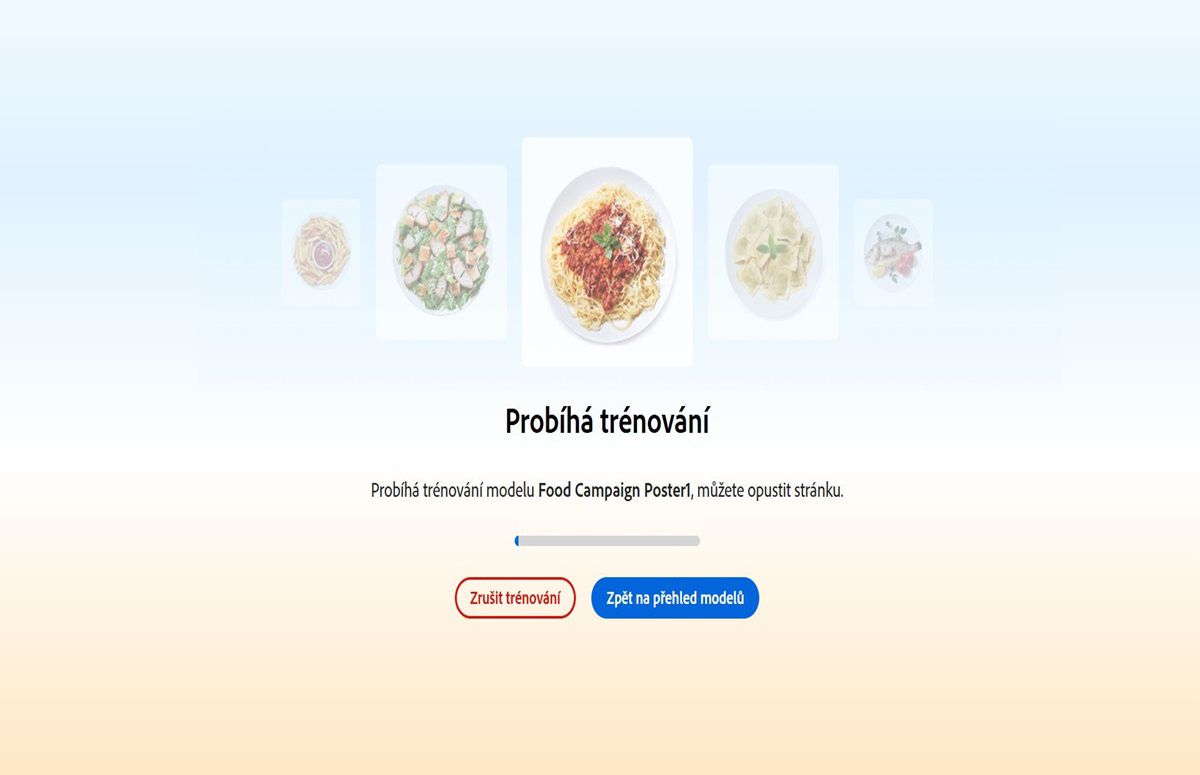 V uživatelském rozhraní se zobrazuje text „Probíhá trénování“. Pod ním se nachází zpráva „Food Campaign Poster se trénuje, tuto stránku můžete opustit.“