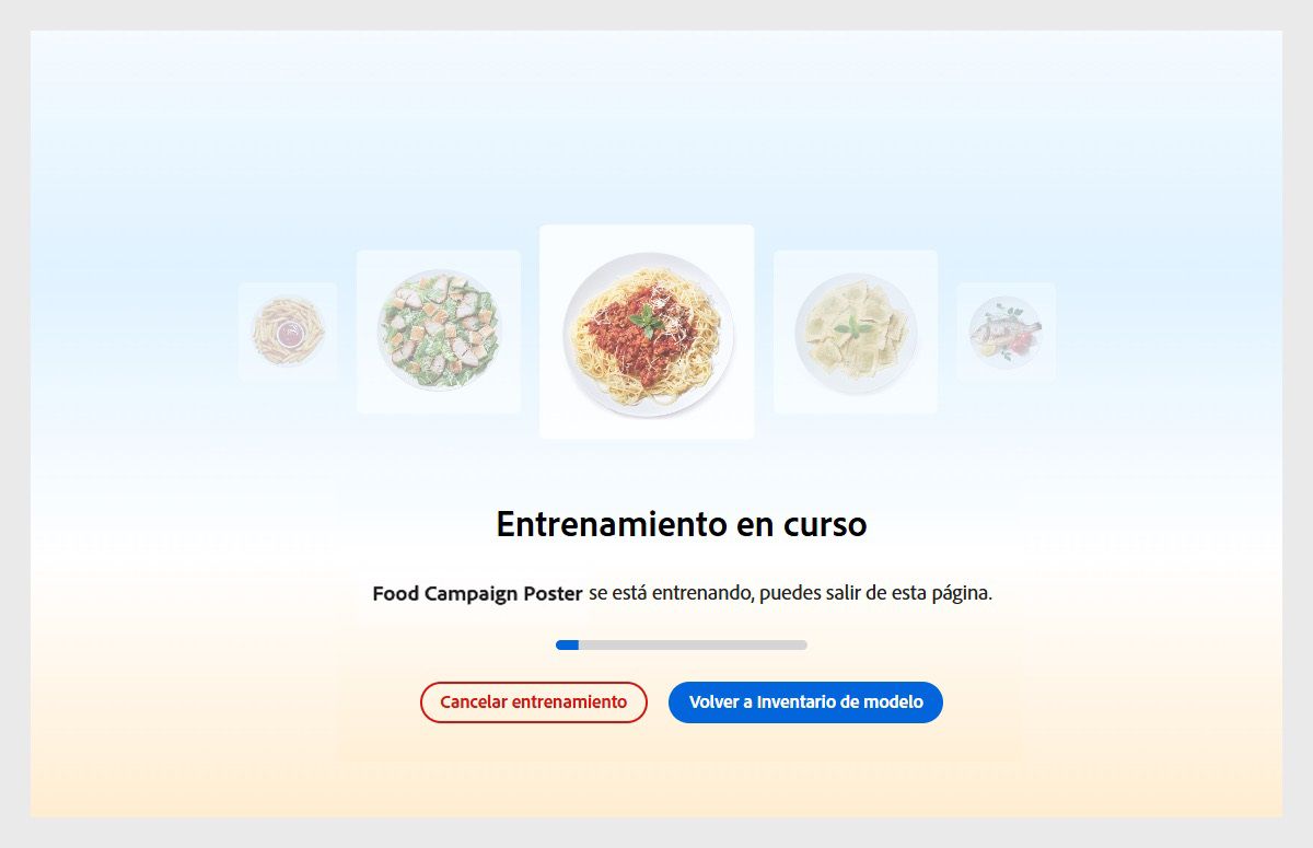 La interfaz de usuario muestra &quot;Entrenamiento en curso&quot;. Debajo hay un mensaje que dice: &quot;Cartel de la campaña culinaria está entrenando, puede abandonar esta página&quot;.